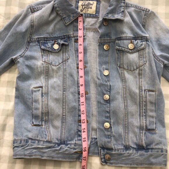 Denim jacket Tattoo distressed denim stretch light blue casual western Small - Picture 7 of 10